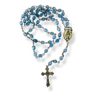 Vintage Blue Plastic and Silver Tone Rosary - Religious